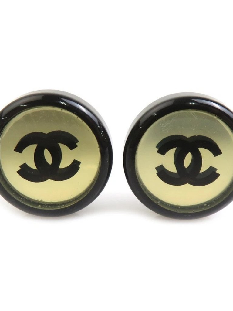 Auth Chanel Cc Logo Earrings Black/Silver Metal/Resin